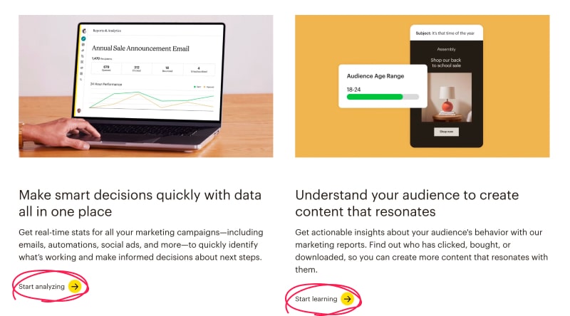 Under two sections describing analytics and audience insights, Mailchimp uses calls to action reading 